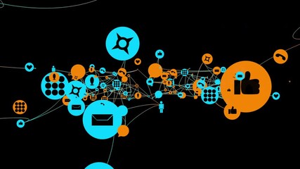 Flying icon display blue orange social media network symbols overlay - Powered by Adobe