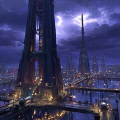Futuristic Night Cityscape With Dark Structures And Lightning
