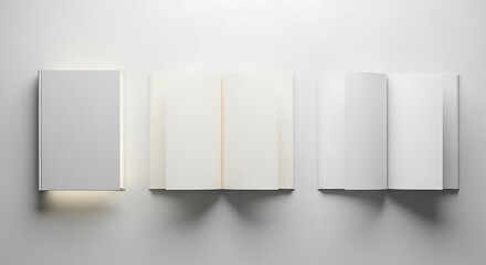 Book style mockup three books arranged in a row on a white surface 