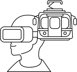 A man wearing a virtual reality headset is looking up at a train