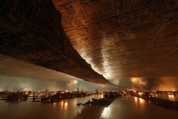 Cityscape Night View With Fireworks Over River