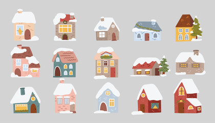Set of cute houses in winter. Vector illustration in flat style.