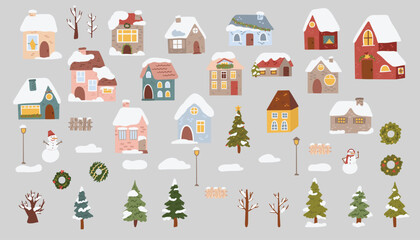 Set of cute cartoon houses, houses, trees and snowflakes. Vector illustration.