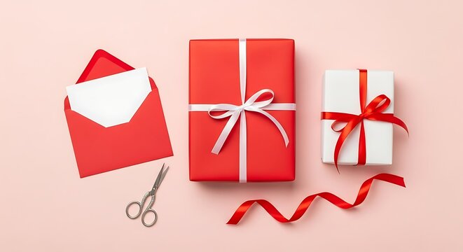 Flat lay of red and white gift boxes with ribbon and scissors on a pink background, perfect for holiday celebrations and special occasions