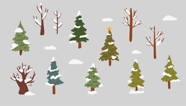 Set of Christmas trees in flat style. Trees in winter without leaves under a layer of snow. Vector illustration. 