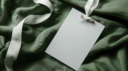 A blank white tag with a ribbon on a soft green fabric background. The tag is empty, suitable for labeling or gift purposes.