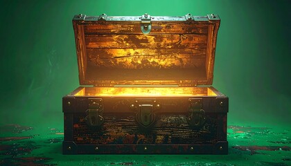 A weathered wooden chest radiates golden light against a hazy green backdrop