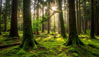Sunlight streams through dense trees covered in moss, illuminating the lush forest floor