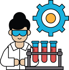 A woman in a lab coat is holding a beaker