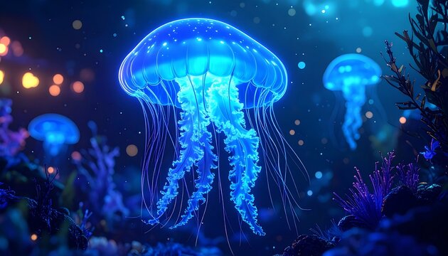 Bioluminescent jellyfish float in the deep, dark ocean amidst colorful coral and plants, with bokeh lighting effects
