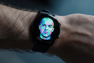 Modern smartwatch displays a vibrant, abstract portrait on a person's wrist.