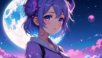 Cute anime girl with purple hair and a moon background, fantasy sky with pink clouds in a magical landscape