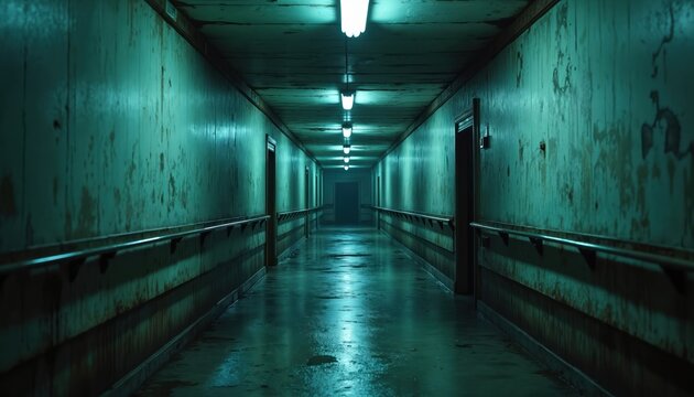 Long, dark hallway with blue light. Grungy walls, wet floor, and many closed doors create eerie, mysterious mood. This abandoned corridor gives scary atmosphere, perfect for horror and suspense films.