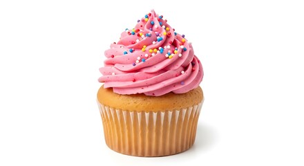 Pink cupcake with colorful sprinkles