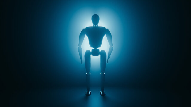 Full Body View of Android in Dark Room | Artificial Intelligence Concept. 3d rendering