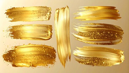 Golden strokes of thick, shimmering paint arranged against a tan gradient background