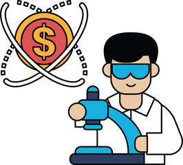 A man in a lab coat is holding a hammer and standing in front of a dollar sign