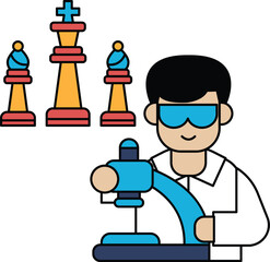 A man in a lab coat is holding a tool and looking at a chess board