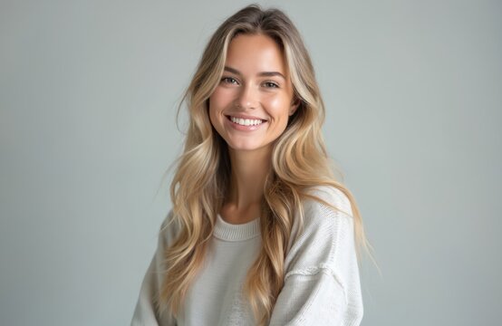 Young blonde woman smiles warmly. She wears a light sweater against a plain grey background. Her hair is long and wavy. Pro studio portrait.
