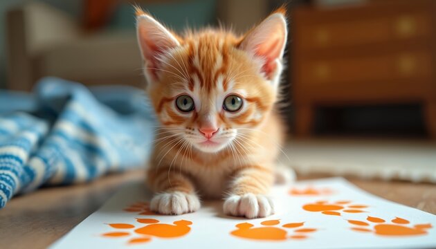 Orange tabby kitten lies on paper with orange paw prints. Cute young cat has green eyes and whiskers. Domestic animal rests indoors on blanket.