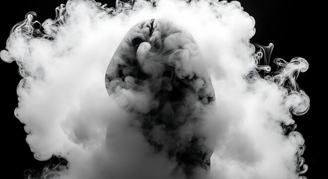 Dramatic shot of a human head engulfed in smoke against a black background, abstract