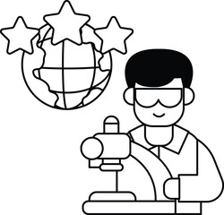 A man in a lab coat is holding a microscope and looking at a globe