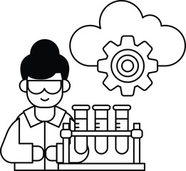 A man in a lab coat is working with a machine that has a gear on it