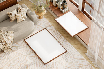 Neutral daylight top view mock-up showing wooden poster frame and soft interior balance in beige tone. 3D illustration.