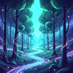 Magical Glowing Forest Landscape in Low Poly or Geometric Style.