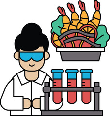 A woman in a lab coat is holding a beaker and a test tube