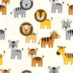 Fototapeta premium Cute seamless pattern of cartoon safari animals lions tigers zebras and ibex Friendly childlike style light textured