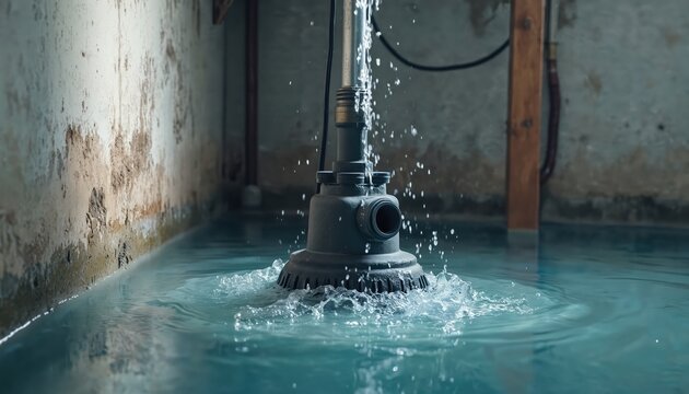 Submersible sump pump operates in flooded basement removing excess water. It protects home foundation and property structure from severe water damage and structural issues.