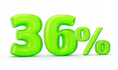 Green jelly digit 36% or Thirty six percent isolated on white background. 3d illustration