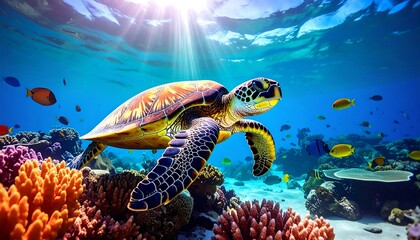Fototapeta premium A sea turtle swims in clear blue ocean water, surrounded by vibrant coral and colorful fish, bathed in sunlight