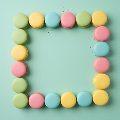 Square Frame of Colorful Pastel Macarons on a Mint Green Background