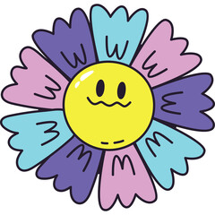 Retro Daisy Flower With Smiley Face And Purple Pink Blue Petals Against A Transparent Background With A Soft Yellow Center And Cute Wavy Lines