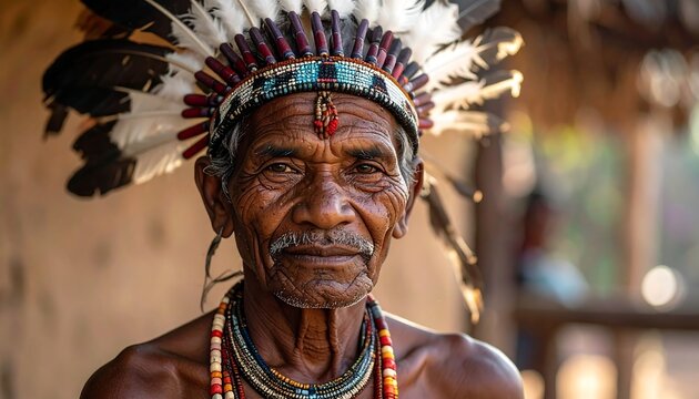 Close-up portrait of an elder with ornate feather headdress and layered necklaces