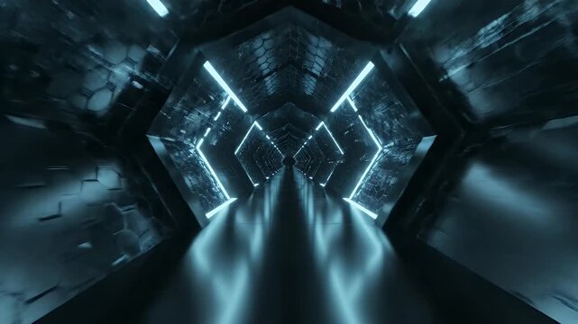 An mesmerizing, digitally rendered journey through an infinite futuristic tunnel, illuminated by vibrant blue neon light outlines forming repeating hexagonal geometric patterns. The dark, textured wal