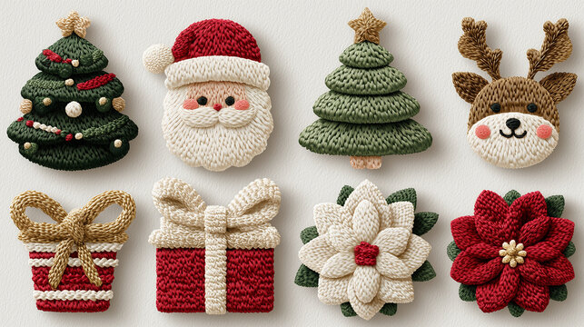 Scandinavian Christmas Clipart Set &ndash; 3D Embroidered Yarn Style with Gold Accents on White Background