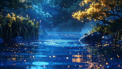 Still, blue water reflecting light amidst reeds, rocks and trees in a serene, dreamy landscape scene