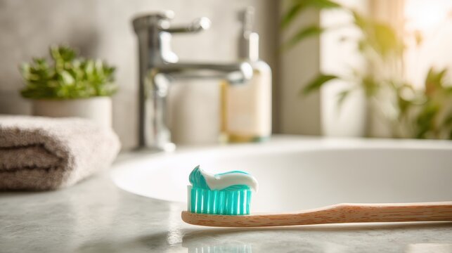 Close-up of Toothbrush with Toothpaste in Bathroom, Soft Lighting, Cleanliness Concept. - Powered by Adobe