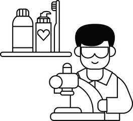 A man is working in a lab with a bottle of toothpaste on a shelf