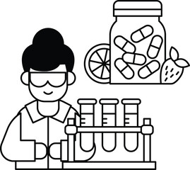 A man in a lab coat is working with a jar of pills and a bottle of fruit
