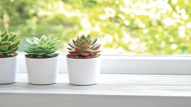 Vibrant succulent plants in white pots on a bright windowsill with a blurred green outdoor background