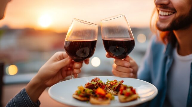 A loving couple raises their glasses of red wine in a toast, sharing laughter as they enjoy delicious tapas on a scenic terrace at sunset. The warm glow creates an intimate atmosphere - Powered by Adobe
