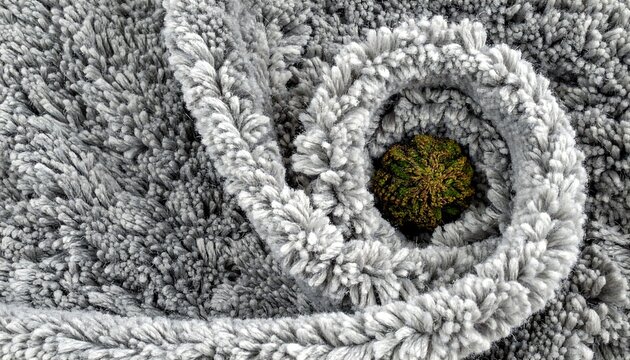 Swirling, fluffy gray surface forms a spiral, revealing a vibrant, textured sphere at its center, catching the light - Powered by Adobe