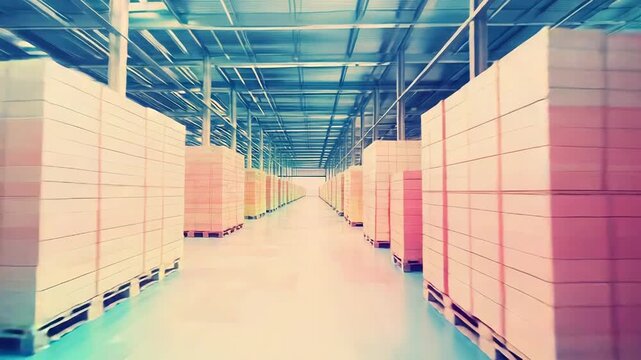 Warehouse aisle with boxes stacked on pallets