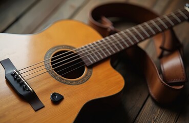 Wooden acoustic guitar with brown leather strap rests on rustic wood planks. Close-up shows strings, sound hole, rosette, bridge, guitar pick. Musical instrument used for creating songs, music,