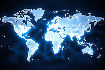 Global network connecting continents with glowing blue lines against a dark background.
