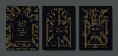 Premium gala card design, gold elegant frame, modern line art, luxury geometric pattern. VIP vector template classic deco, event invitations, posters, party flyers, award ceremonies
